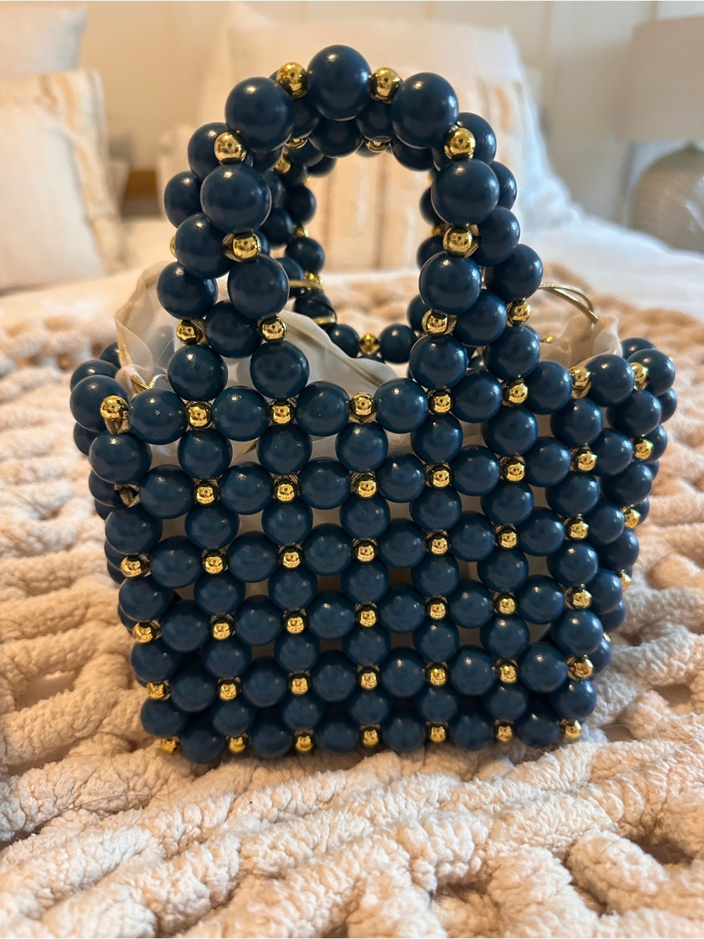Vanina Beirut Beaded Mini Handbag in Dark Blue and Gold